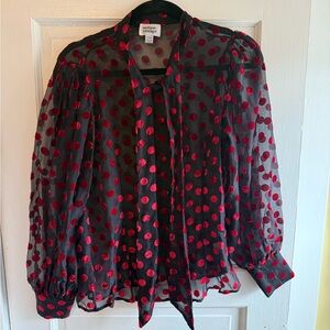 Vintage Sheer Black and Red Polka Dot Blouse